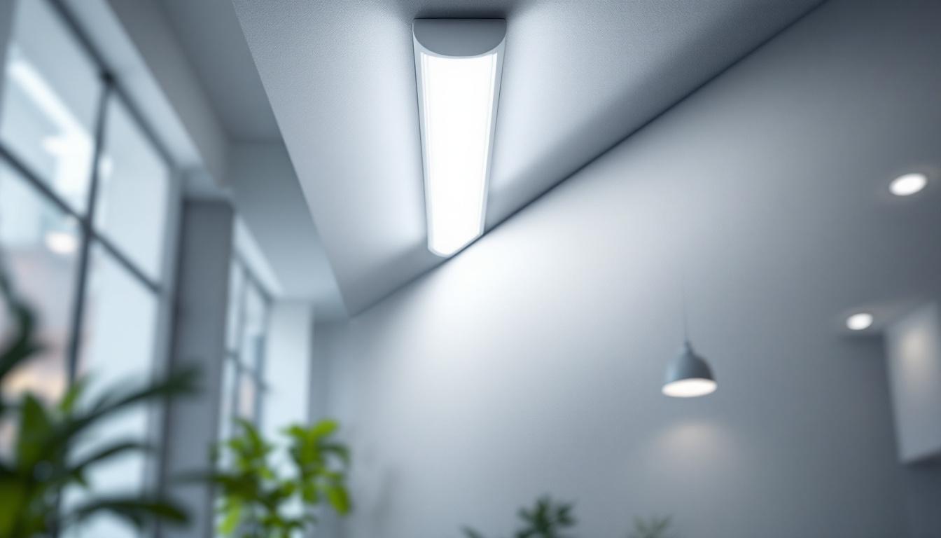 A photograph of a 4-foot led tube light fixture installed in a modern setting