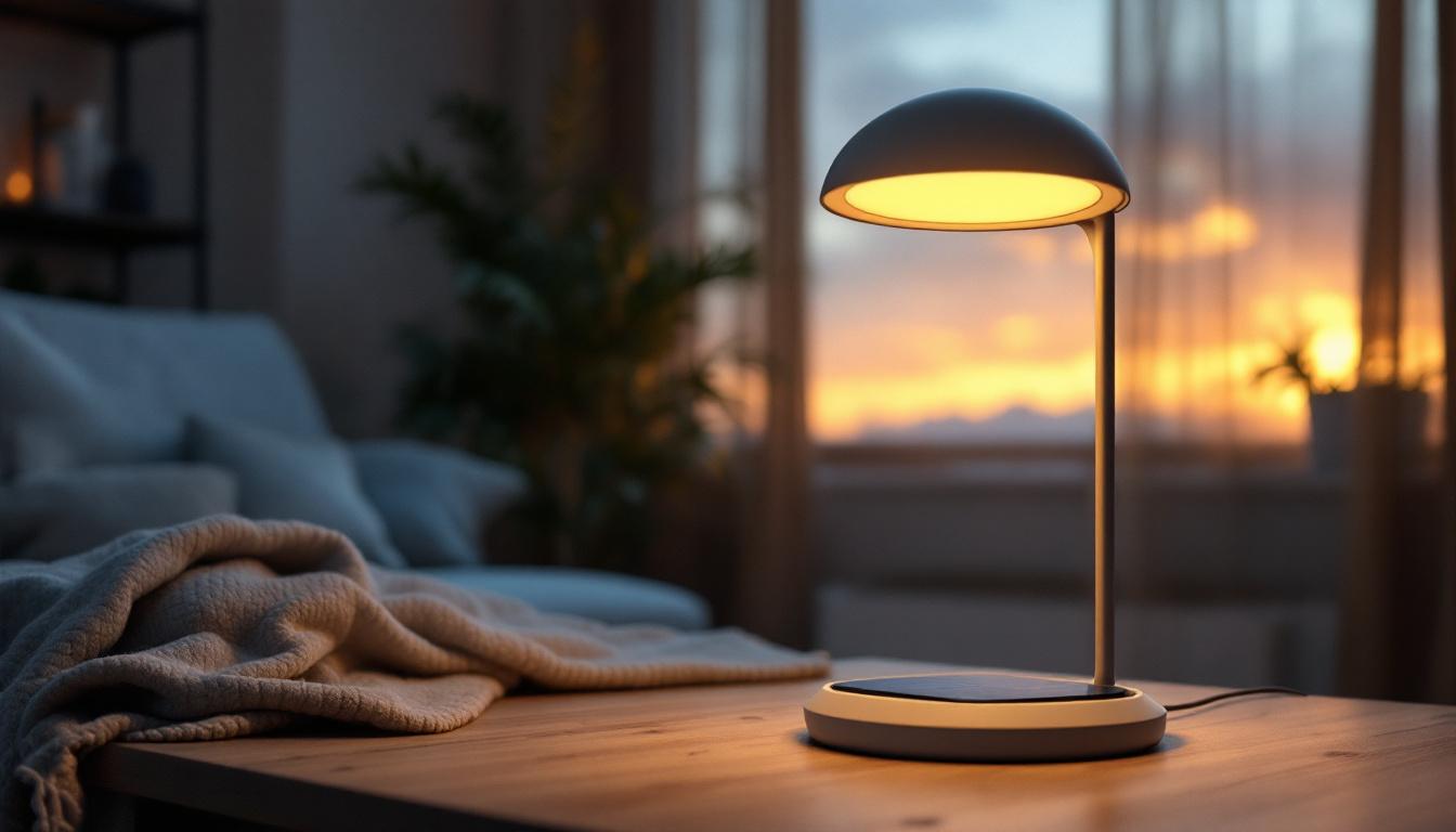 A photograph of a stylish table solar lamp in a cozy