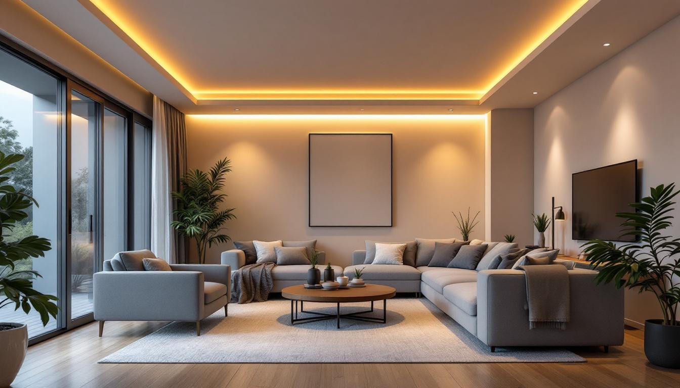 A photograph of a modern living space featuring sleek 4-inch retrofit led can lights installed in the ceiling
