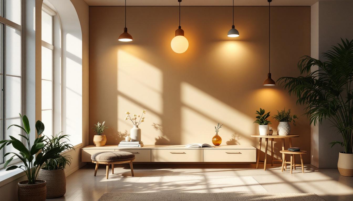 A photograph of a beautifully lit indoor space showcasing various lighting fixtures and their effects on the ambiance