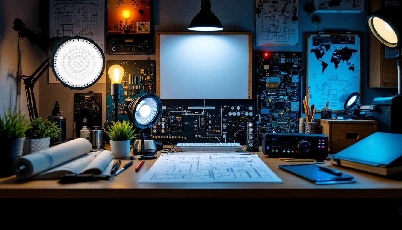 A photograph of a well-organized workspace featuring essential electrical engineering tools
