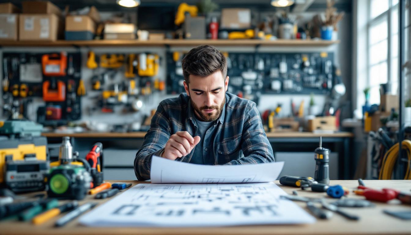 A photograph of a well-organized workspace featuring a variety of essential electrical tools and equipment