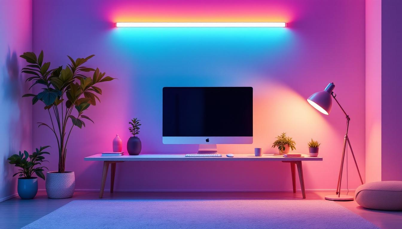 A photograph of a beautifully arranged scene featuring a 6 ft led strip light creatively illuminating a modern workspace or living area