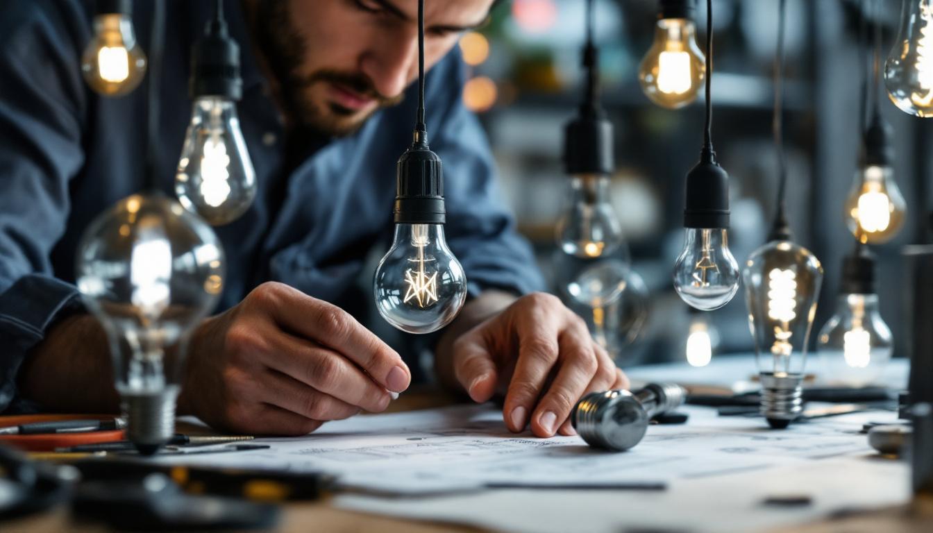 A photograph of a close-up shot of an electrical engineer examining a variety of led pendant light bulbs