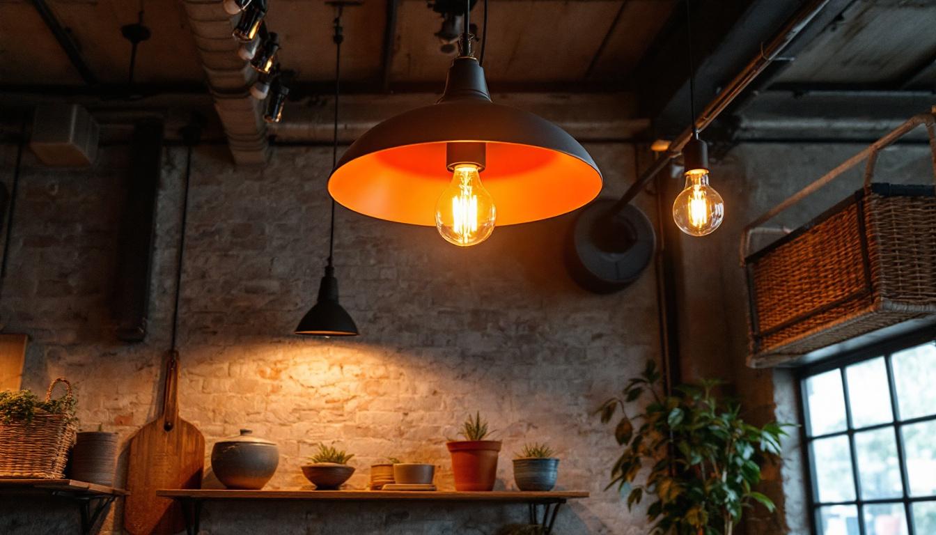 A photograph of a beautifully designed lighting fixture in the basket warehouse that showcases its low-glare feature