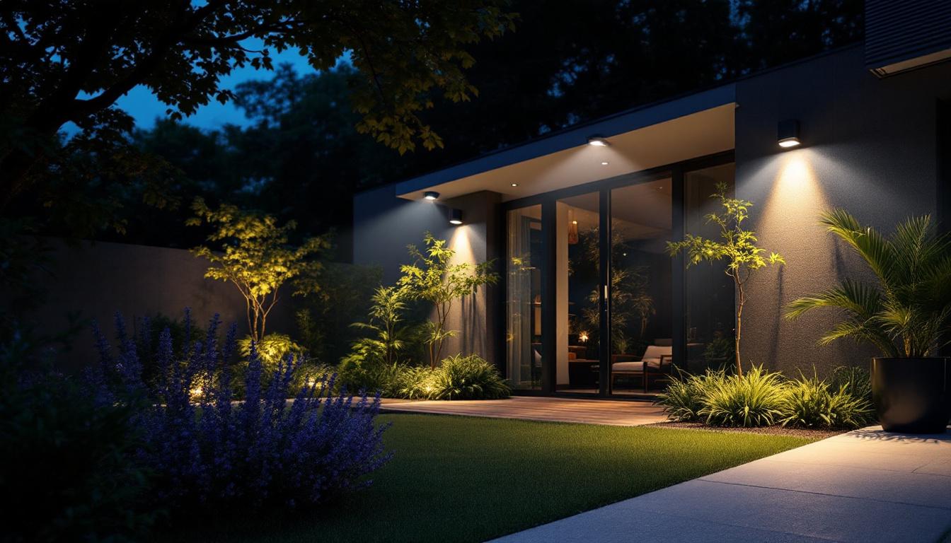 A photograph of a beautifully illuminated outdoor space featuring motion sensor lights in action