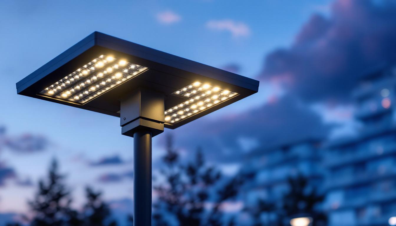 A photograph of capture a photograph of a solar power lamp post illuminated at dusk in an urban or park setting