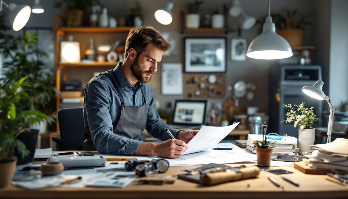 A photograph of a well-organized workspace featuring a designer or engineer analyzing lighting plans and samples