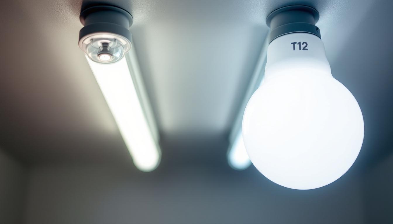 A photograph of a side-by-side comparison of t8 and t12 fluorescent bulbs installed in their respective fixtures