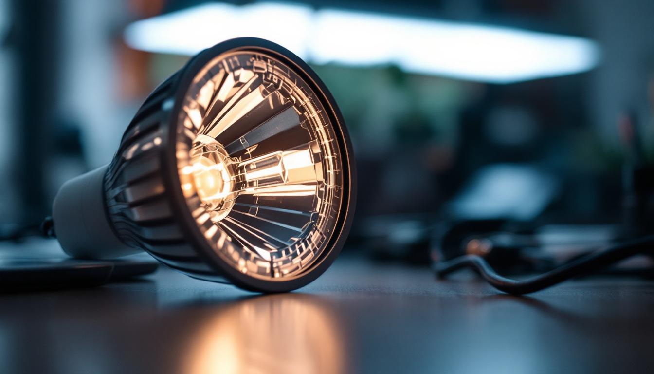 A photograph of a close-up shot of an mr16 bulb illuminated in a modern lighting fixture