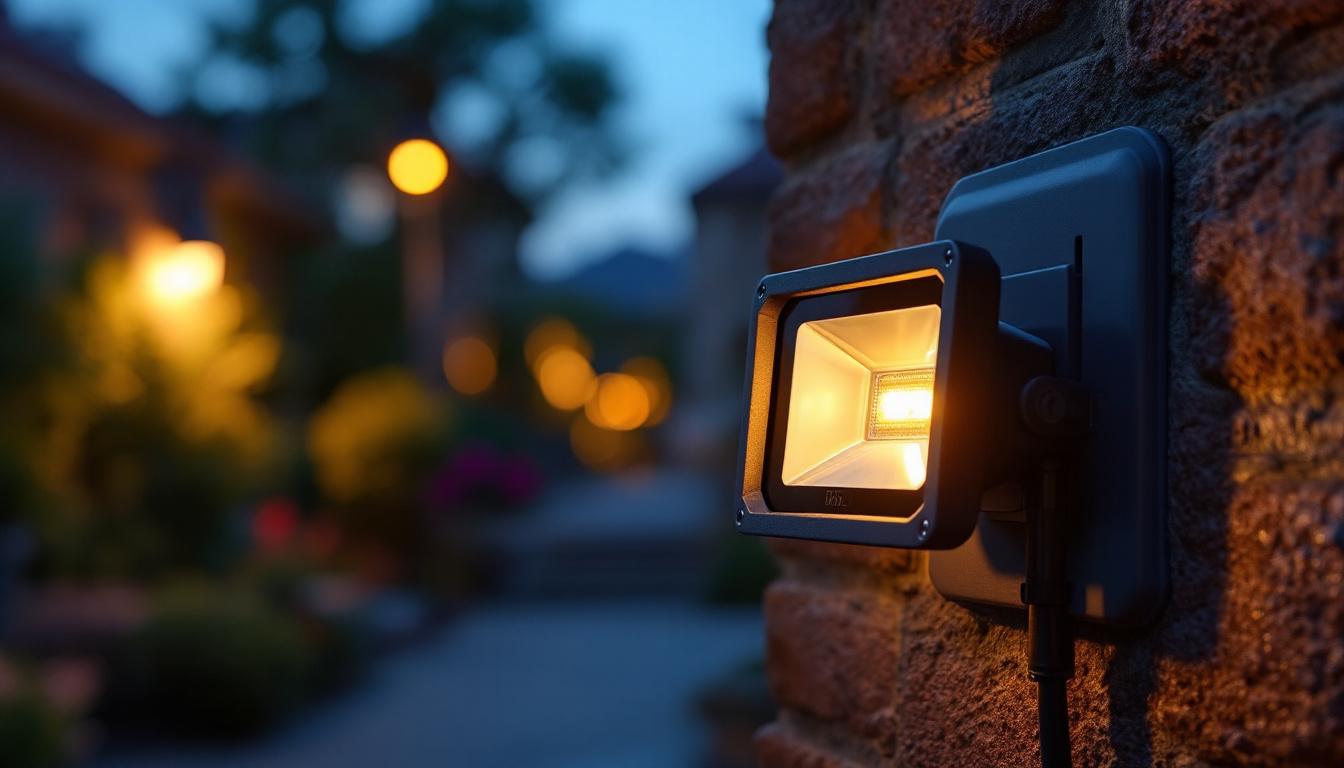 A photograph of a well-lit outdoor scene showcasing a flood light with a visible plug outlet