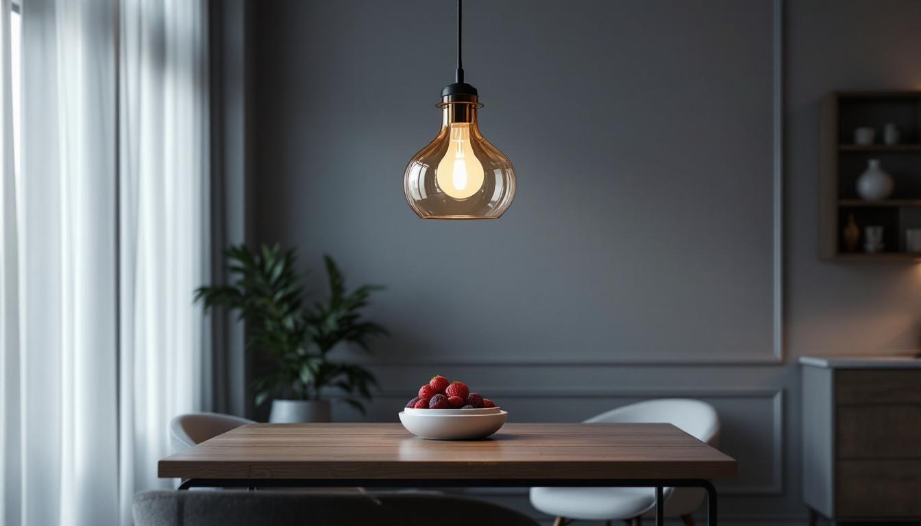 A photograph of a beautifully designed closeout pendant light installed in a stylish interior setting