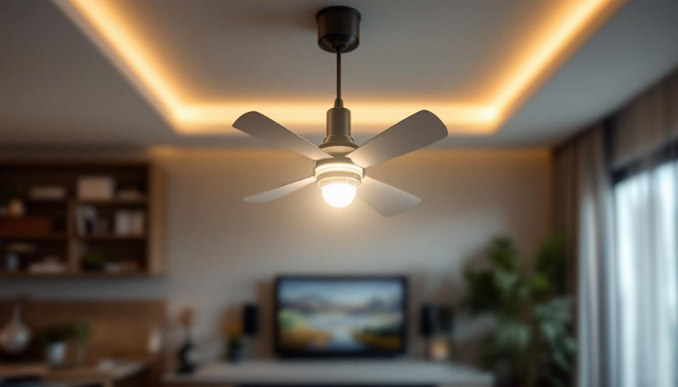 A photograph of a stylish light fixture with an integrated fan in a modern living space