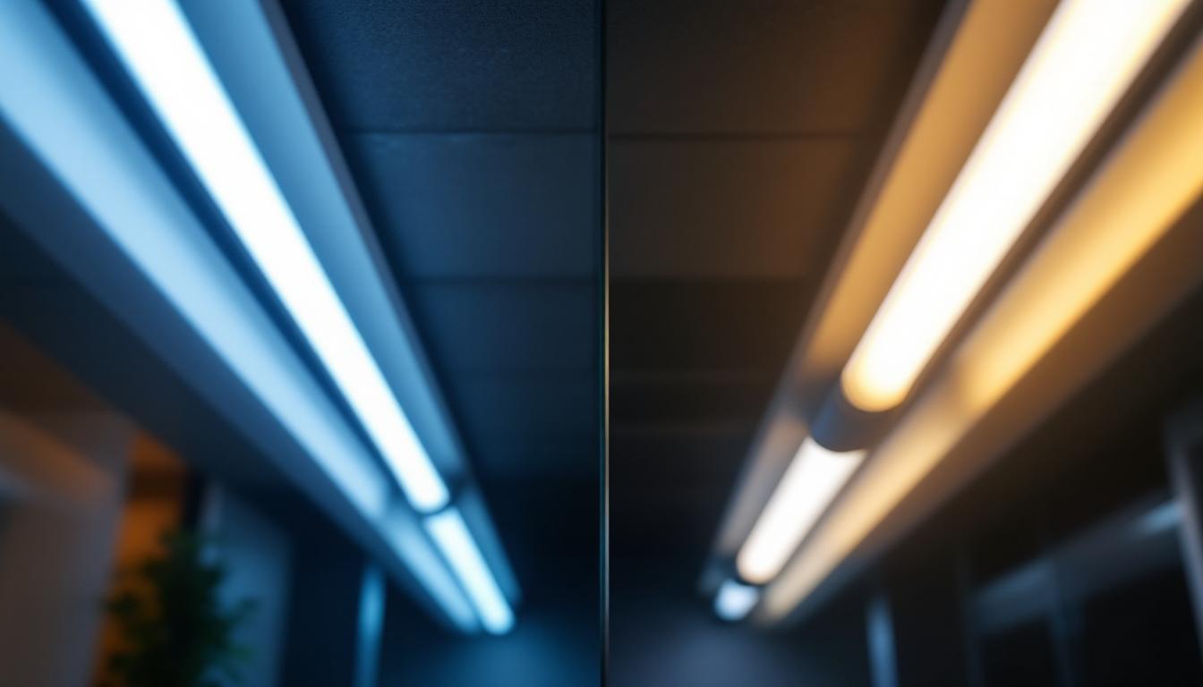 A photograph of a side-by-side comparison of t8 and t12 fluorescent light tubes
