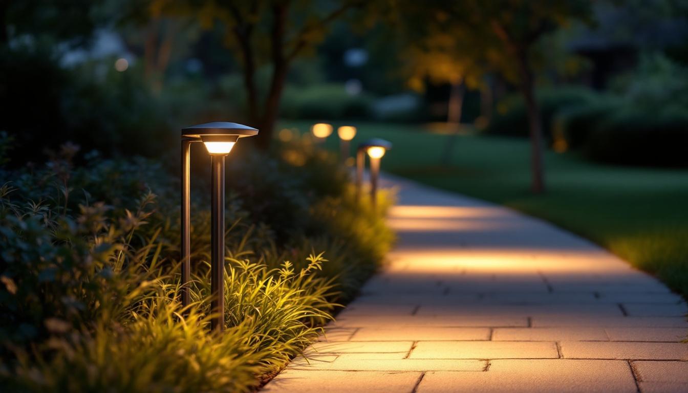 A photograph of a well-lit outdoor pathway featuring motion detector path lights in action