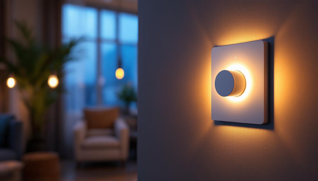 A photograph of a modern line voltage dimmer switch installed in a stylishly designed setting