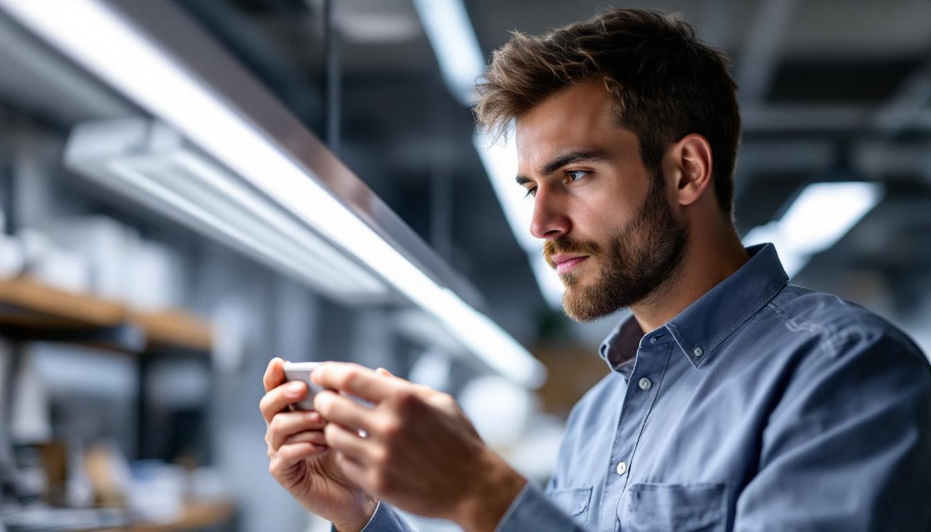 A photograph of a skilled electrical engineer examining a modern atlas led lighting fixture in a well-lit workspace