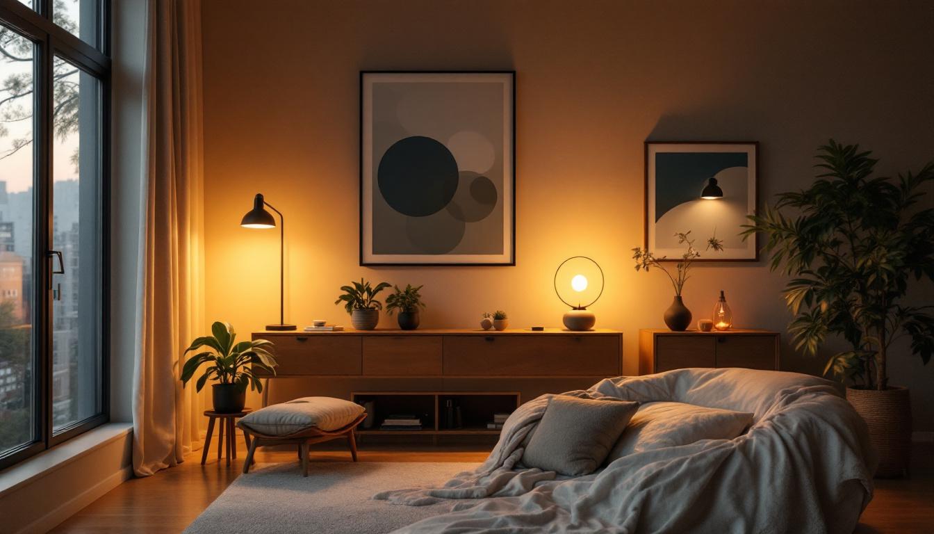 A photograph of a stylishly designed room featuring various types of energy-efficient light fixtures with dimmer switches in action