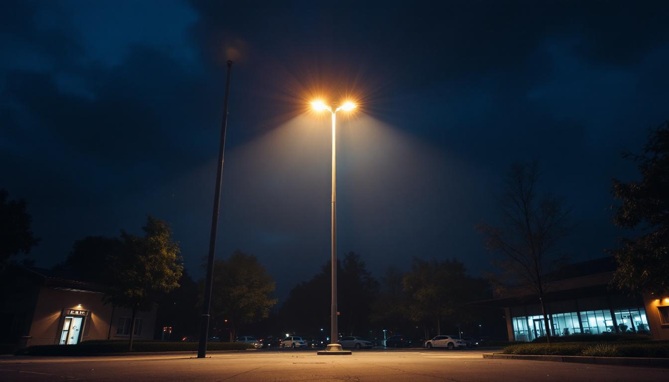 A photograph of a dramatic night scene showcasing a tall lighting pole illuminating a public space or outdoor area