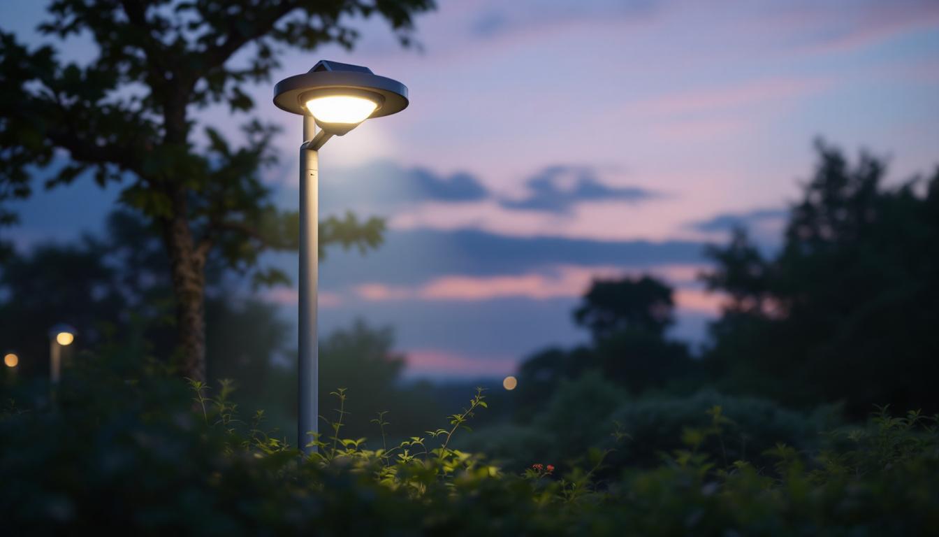A photograph of a solar-powered park light illuminating a serene park setting at dusk