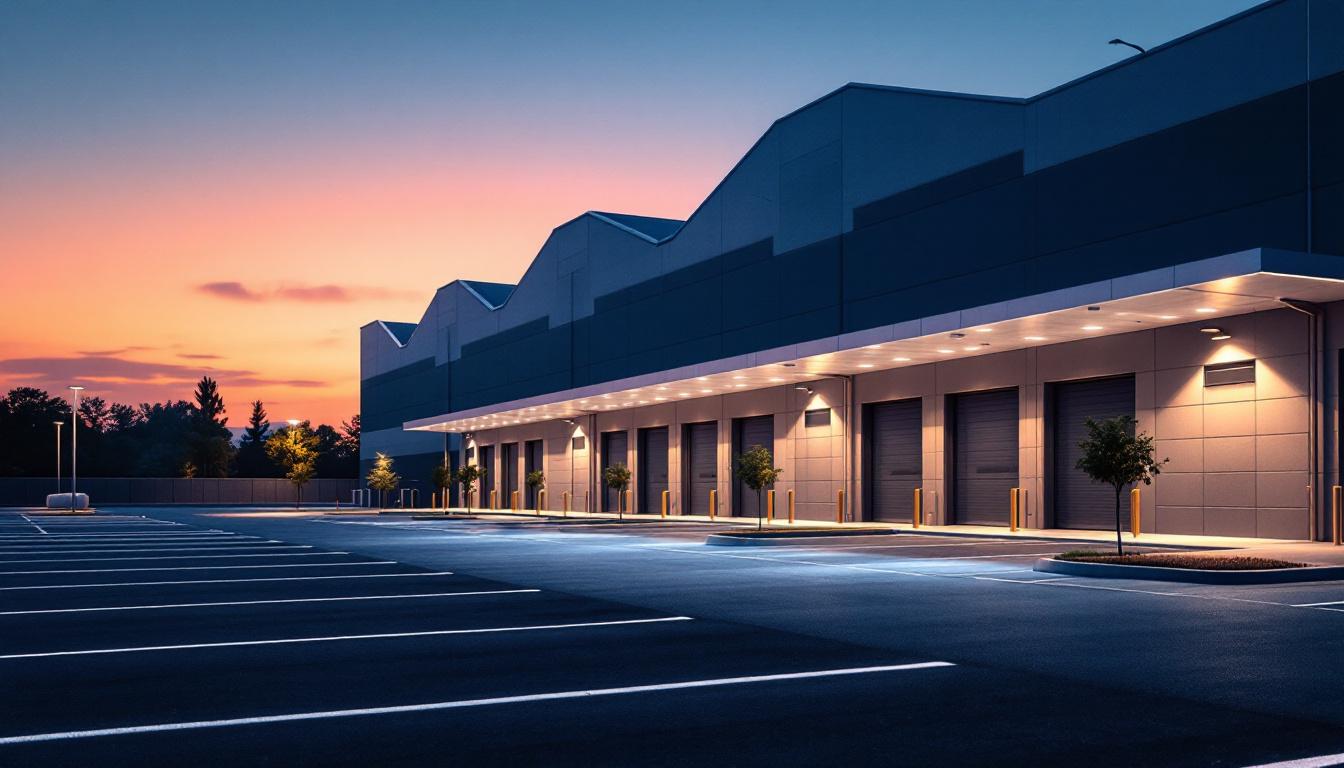 A photograph of a modern parking lot warehouse illuminated by innovative lighting technologies