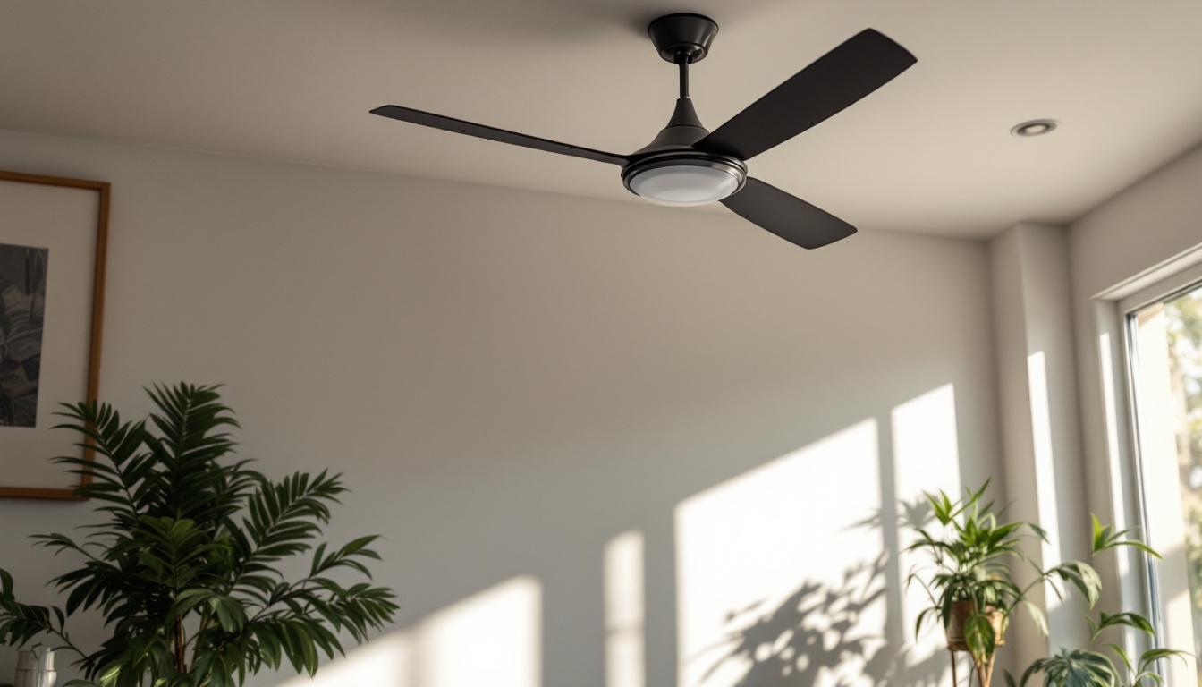 A photograph of a stylish wall-mounted ceiling fan in a well-lit living space