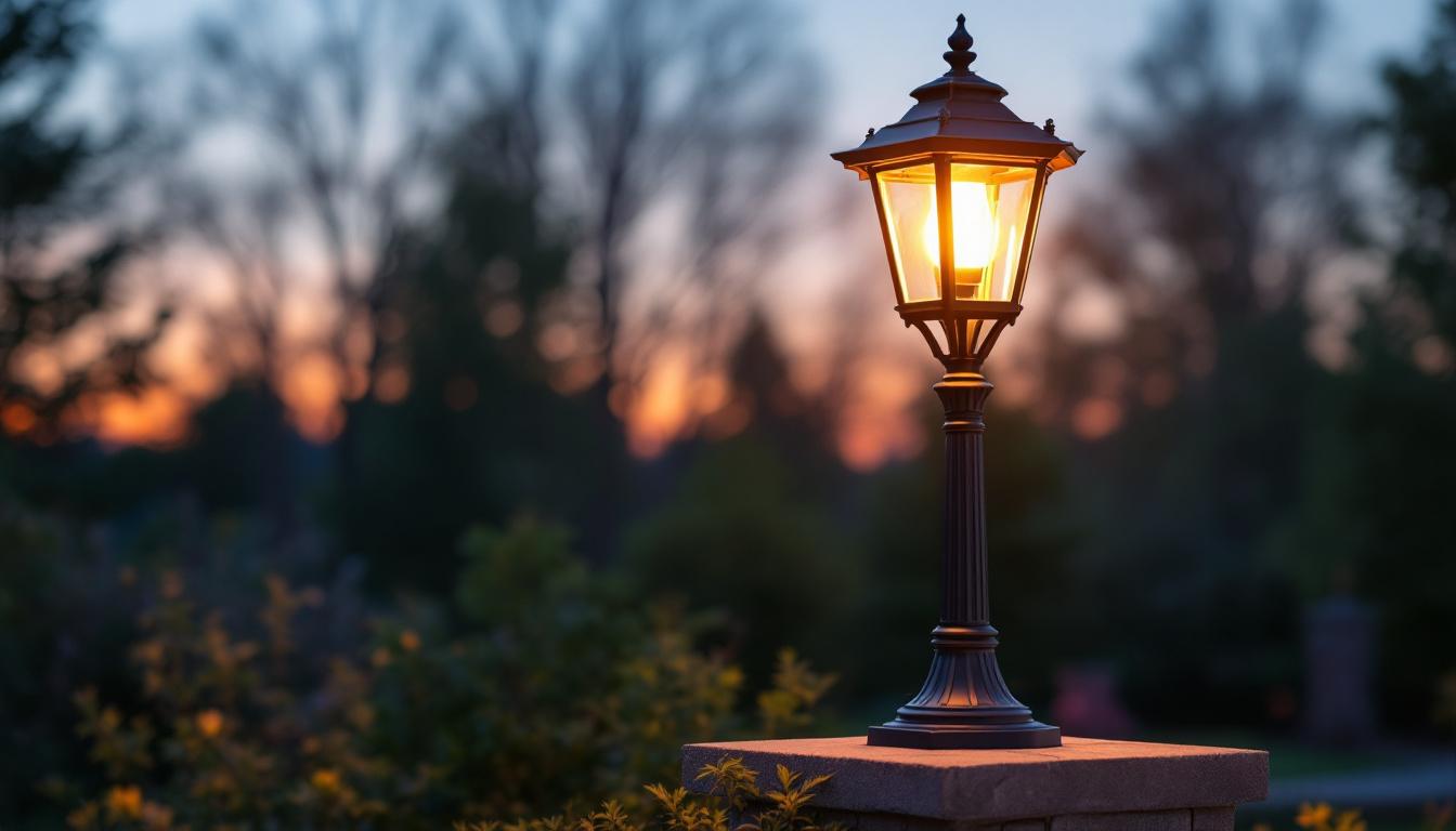 A photograph of a beautifully designed outdoor patio lamp post illuminated at dusk