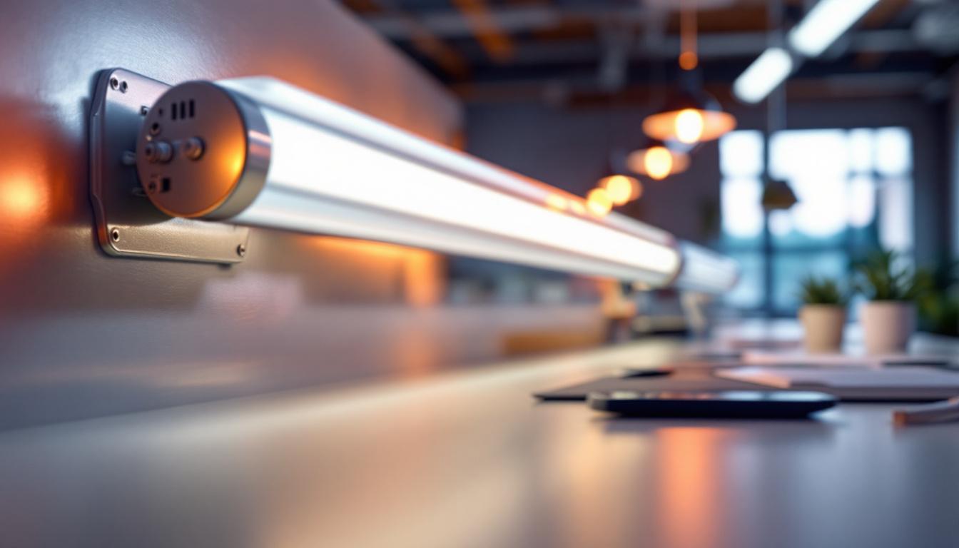 A photograph of a close-up of a t8 fluorescent ballast alongside a well-lit workspace
