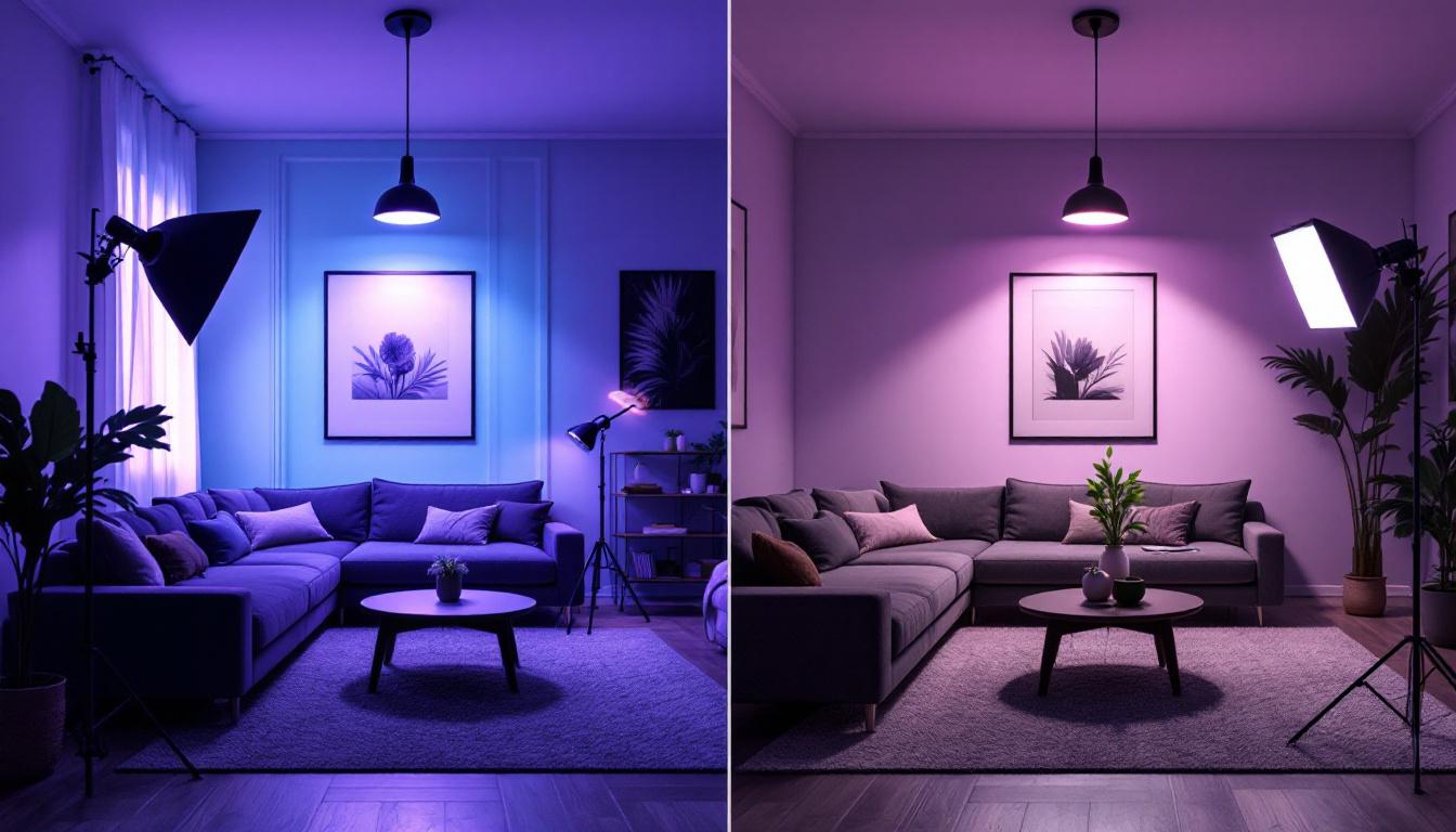 A photograph of a side-by-side comparison of two distinct lighting setups