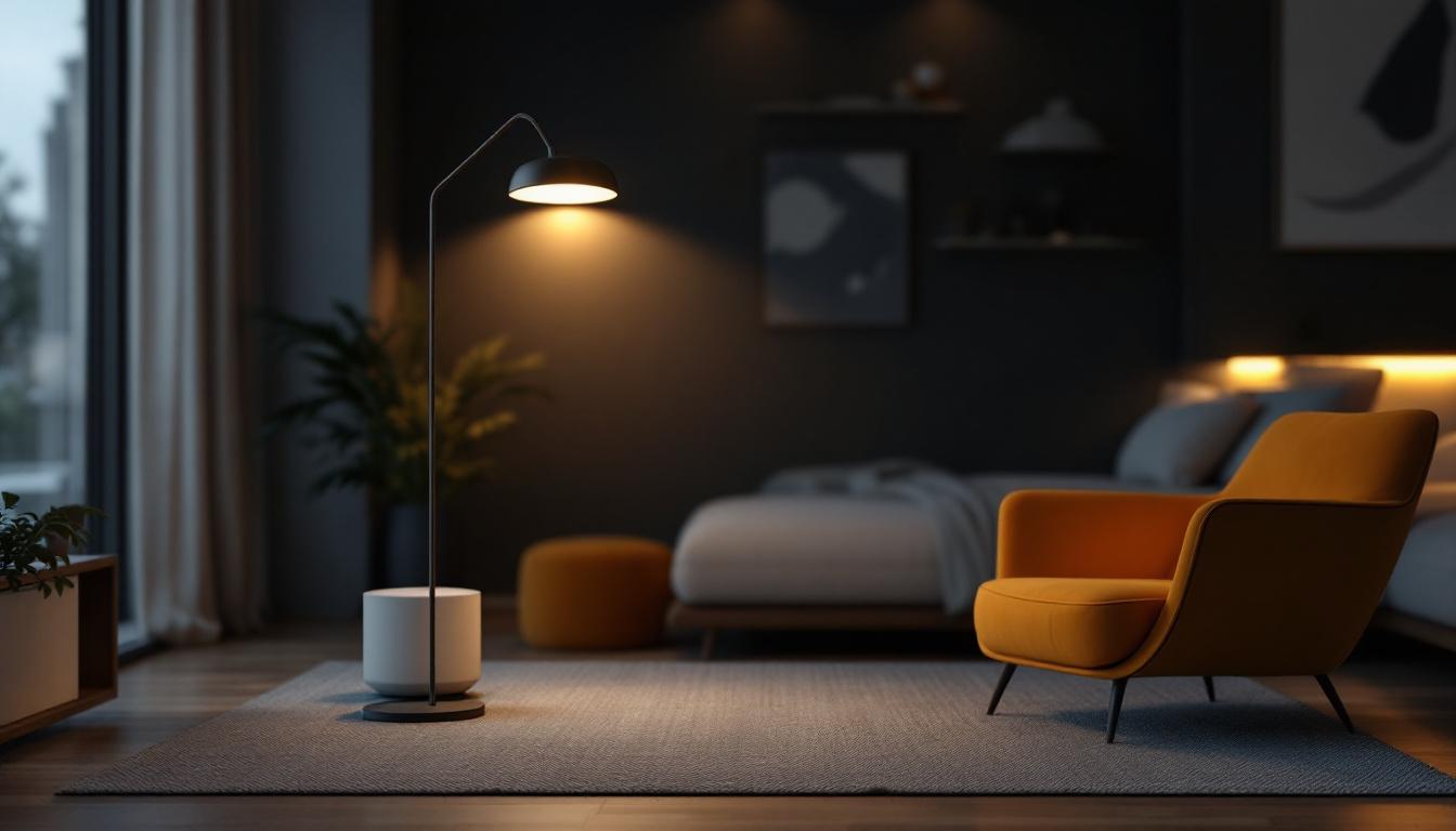 A photograph of a modern lighting project showcasing a stylish lamp with hid (high-intensity discharge) technology in a well-designed interior space