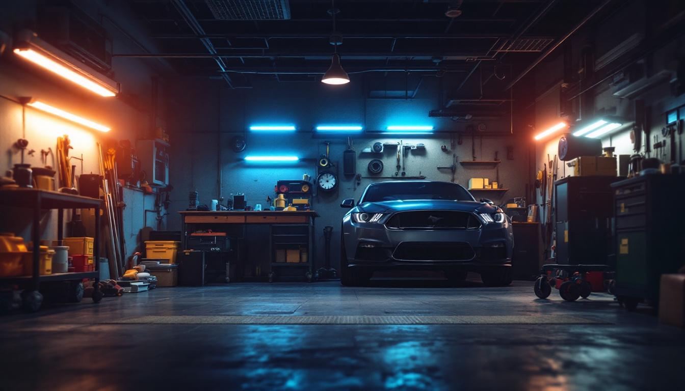 A photograph of a well-lit garage showcasing energy-efficient led lights illuminating the workspace