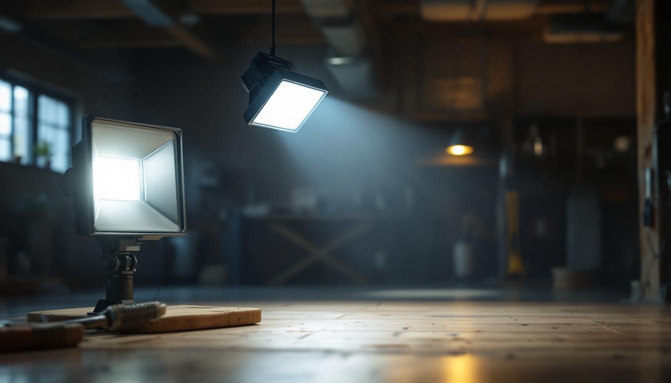 A photograph of a well-lit indoor space featuring sleek flood light fixtures in action