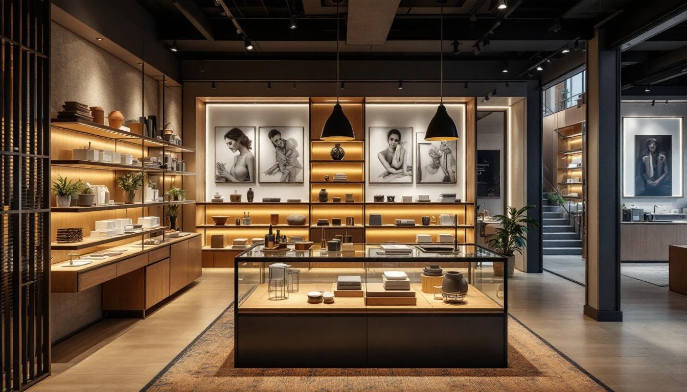 A photograph of a well-designed shop interior showcasing an effective lighting layout
