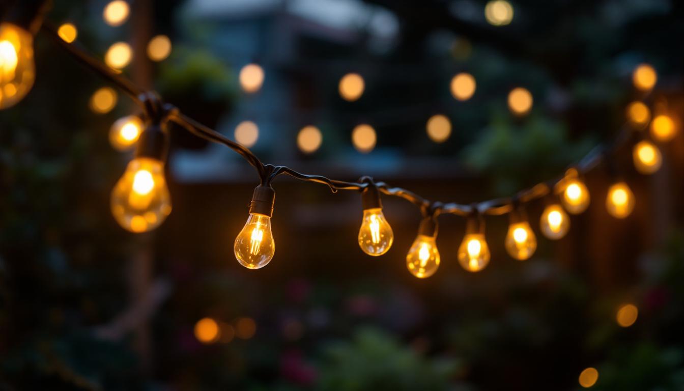 A photograph of a cozy outdoor or indoor setting illuminated by soft