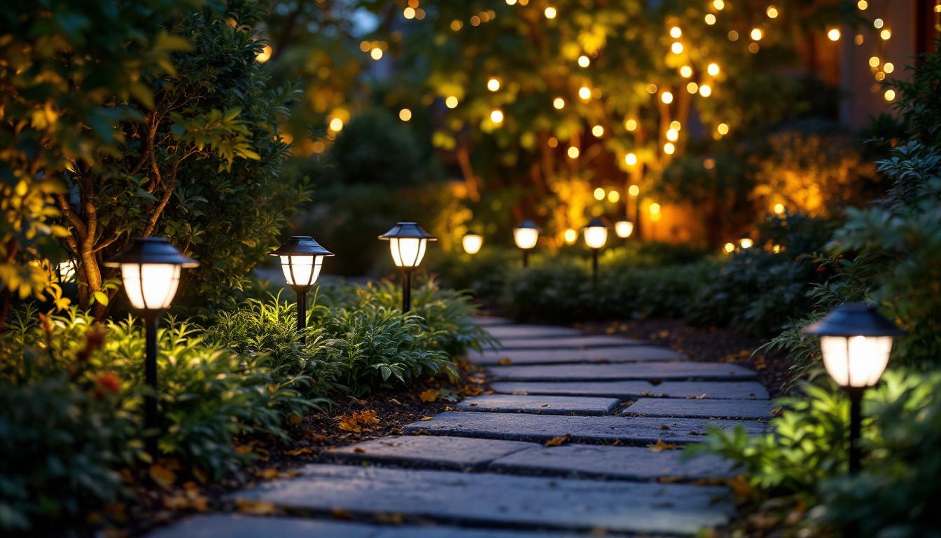 A photograph of a beautifully illuminated outdoor garden featuring various styles of solar garden lights