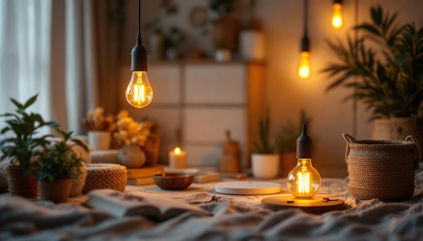 A photograph of a beautifully arranged vintage led lighting setup in a cozy