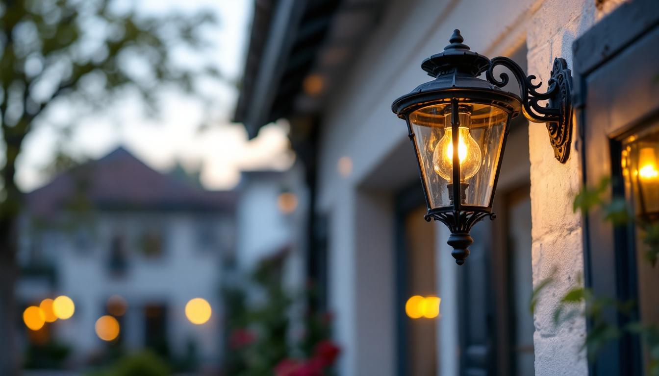 A photograph of a beautifully designed cast iron outdoor light fixture installed in a charming exterior setting