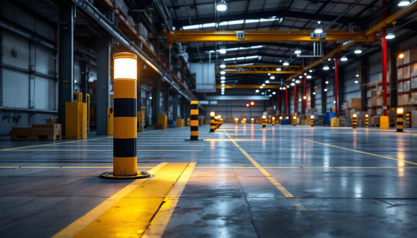 A photograph of a warehouse setting featuring prominently installed bollards alongside advanced lighting systems