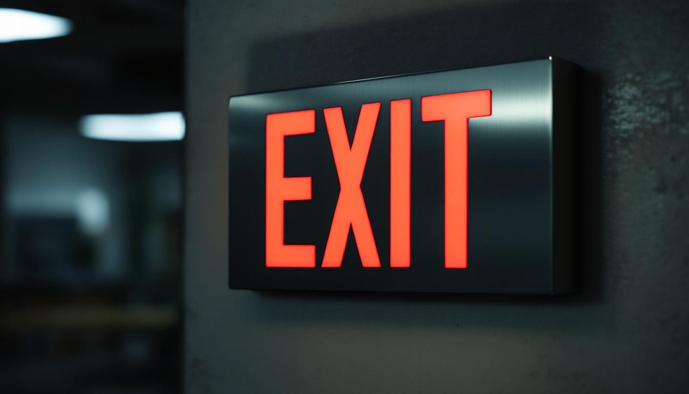 A photograph of a well-lit exit sign made of metal