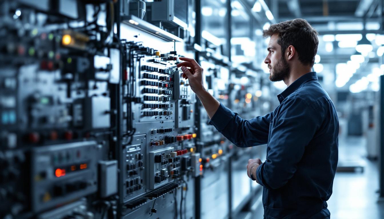 A photograph of a lighting engineer meticulously inspecting various types of switches and control panels in a well-lit manufacturing facility
