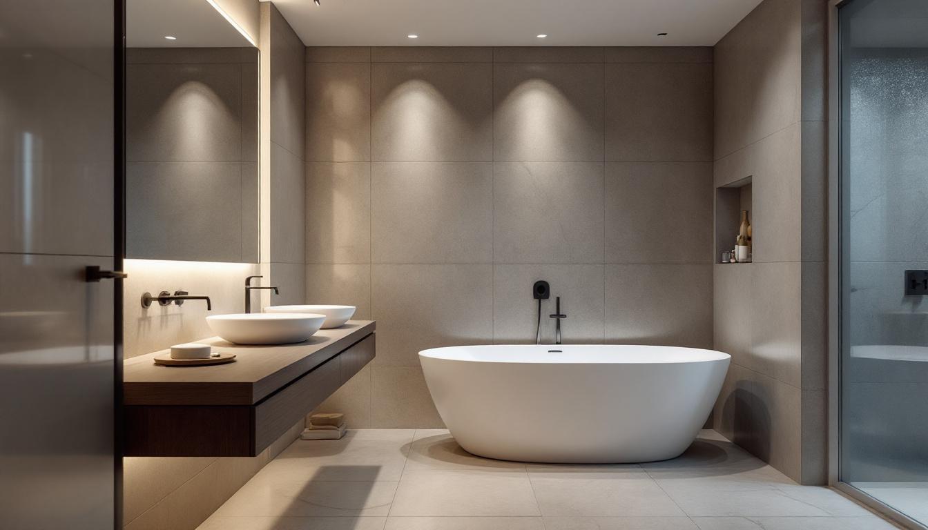 A photograph of a stylish bathroom featuring modern recessed lighting that highlights the space's design elements