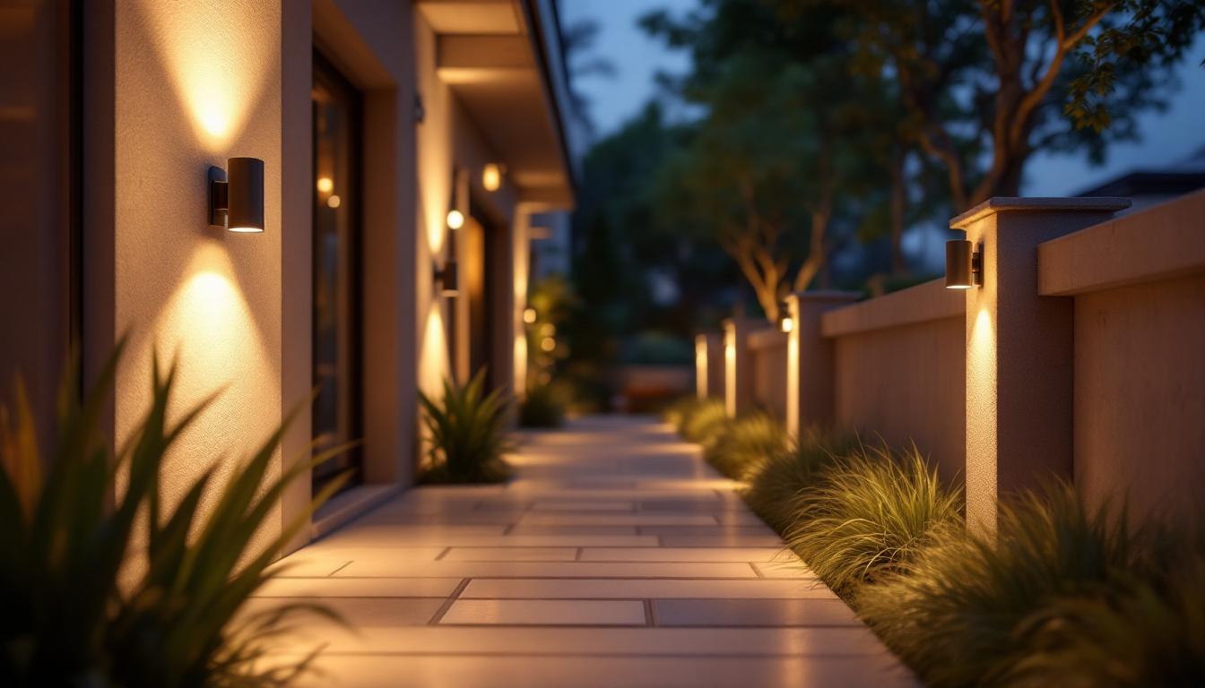 A photograph of a stylish outdoor setting featuring both industrial and commercial dusk-to-dawn sconces illuminating a pathway or patio