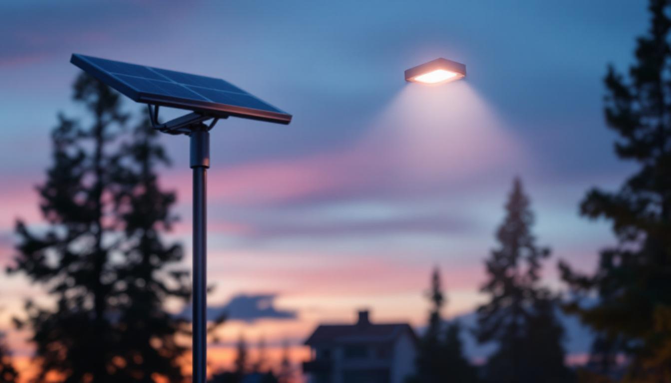 A photograph of a solar-powered pole light installed in an outdoor setting