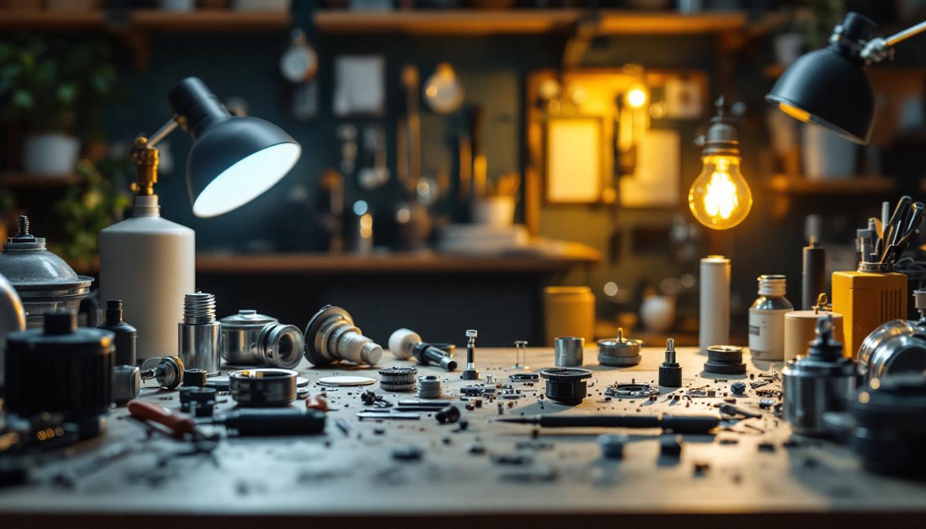 A photograph of a well-lit workspace showcasing various lighting repair parts