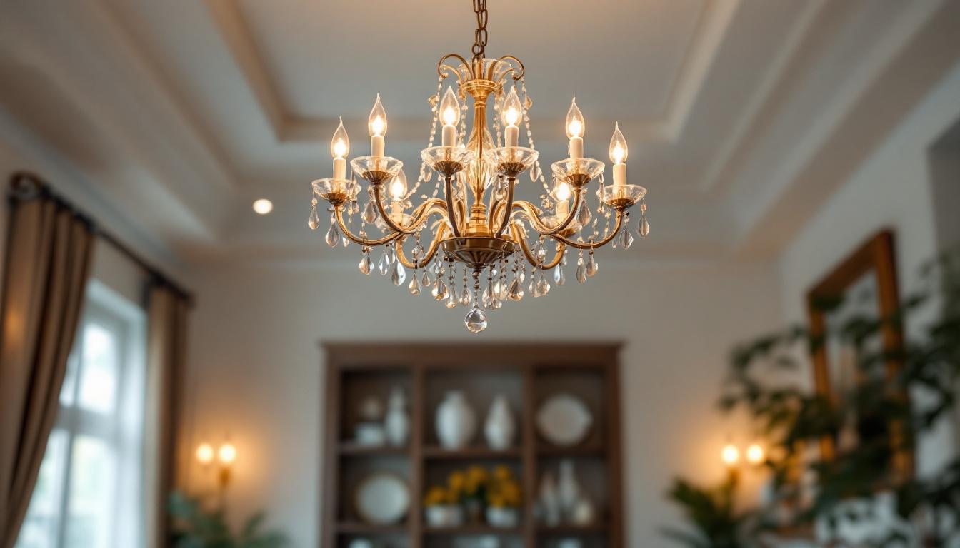 A photograph of a beautifully lit chandelier hanging in an elegantly styled room