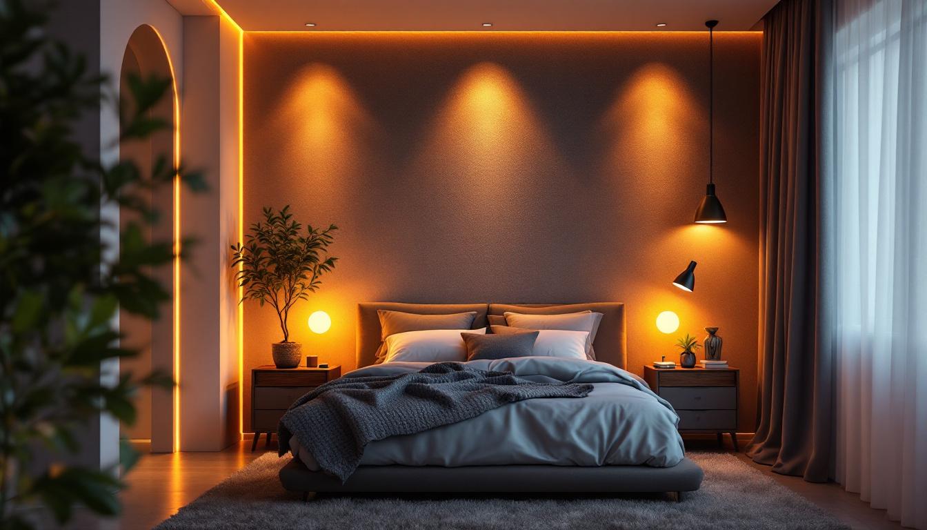 A photograph of a beautifully designed bedroom featuring modern led light fixtures that showcase their warm glow