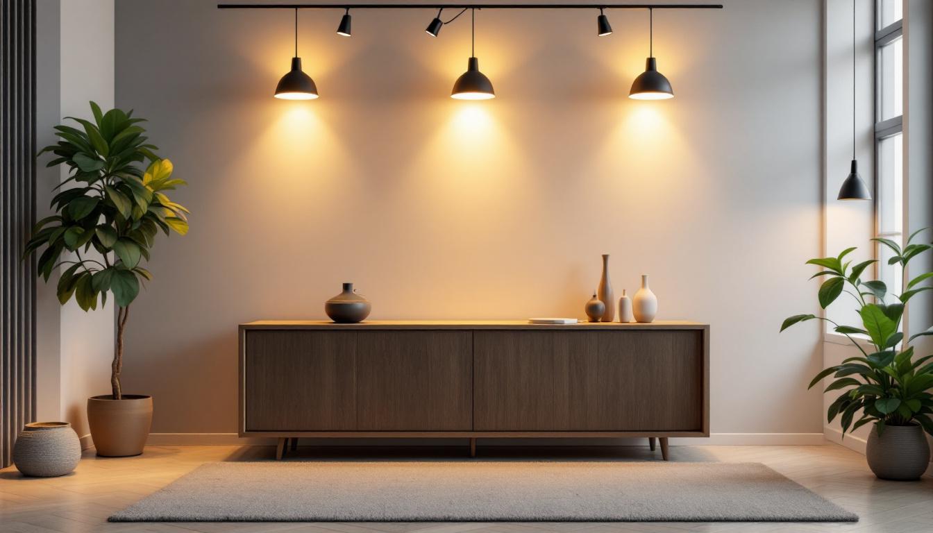 A photograph of a well-lit scene showcasing a variety of 4-inch high hats installed in a stylish interior setting