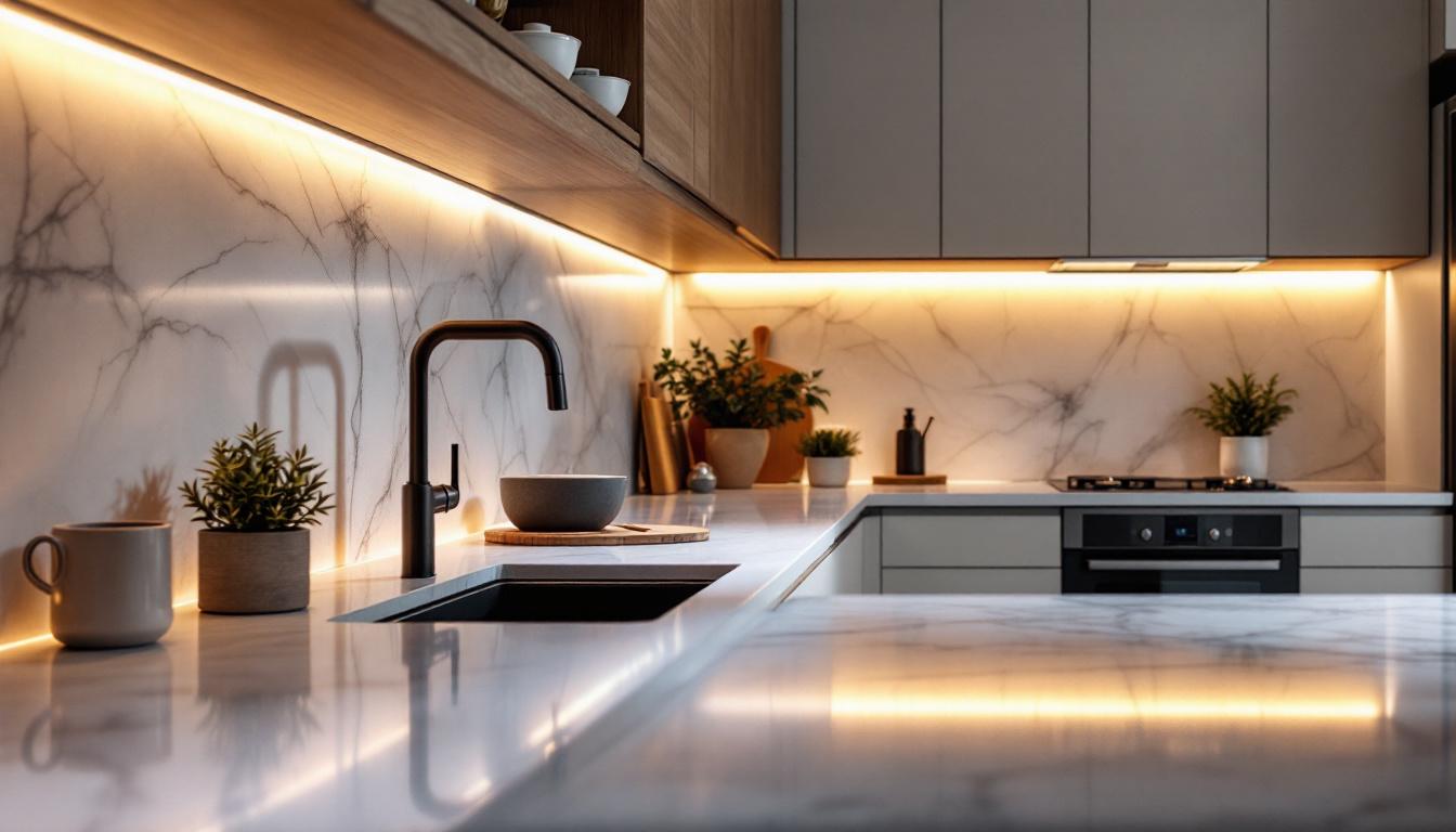 A photograph of a beautifully designed kitchen with warm under-the-counter led lighting illuminating the countertops
