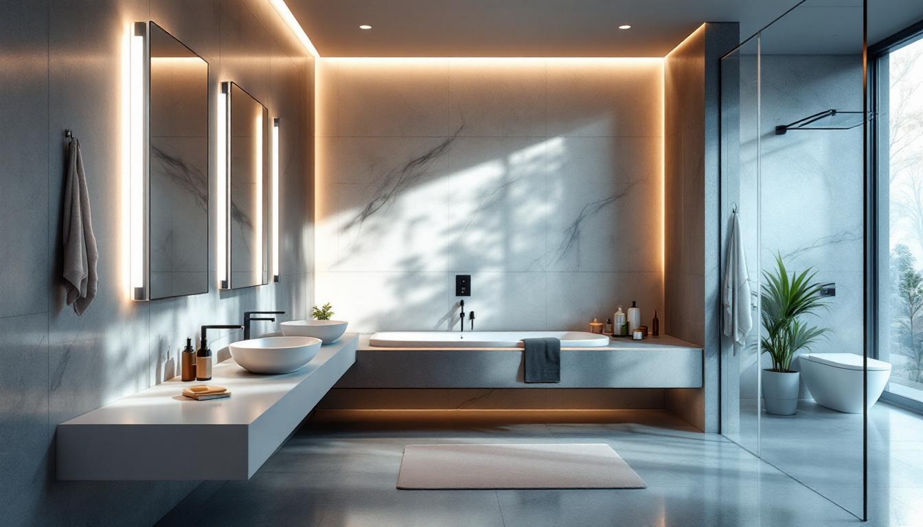 A photograph of a modern bathroom featuring sleek led lighting