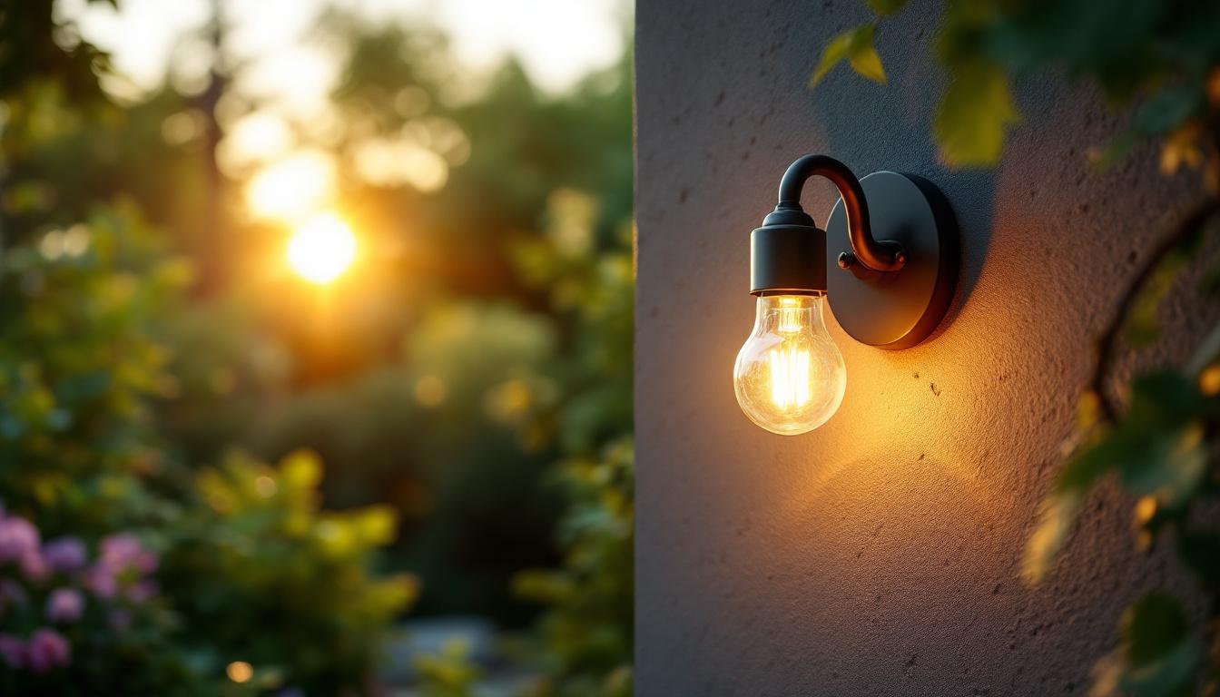 A photograph of a beautifully designed outdoor light socket installed in a picturesque garden setting during the golden hour